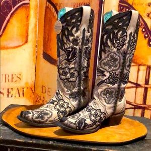CORRAL WESTERN BOOTS WHITE-BLACK FLORAL